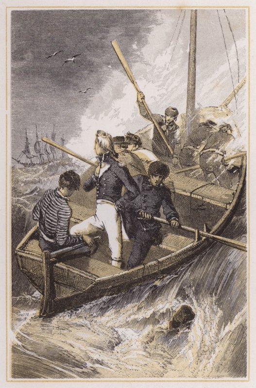 Nelson satte ombord på sitt skepp under en storm (färgad gravyr) av Myles Birket (after) Foster