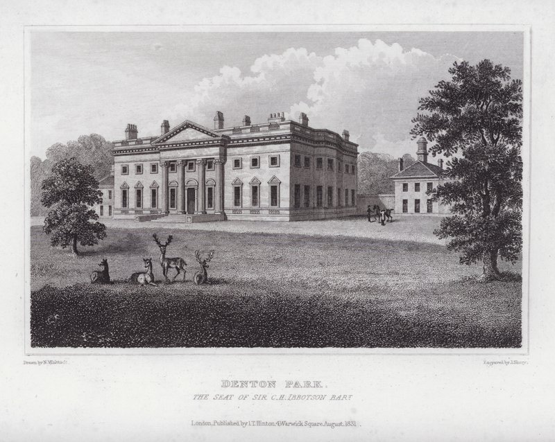 Denton Park, säte för Sir CH Ibbotson (gravyr) av Nathaniel (after) Whittock