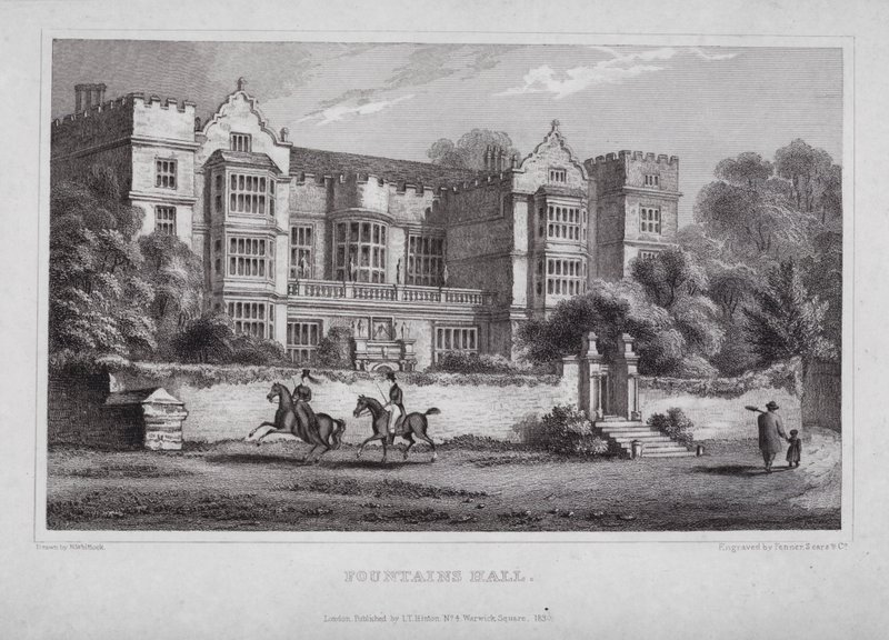 Fountains Hall (gravyr) av Nathaniel (after) Whittock