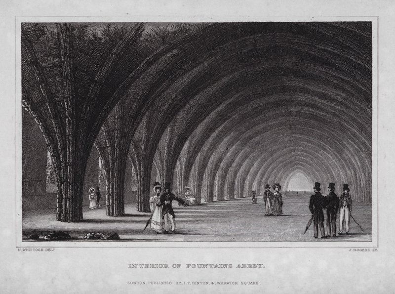 Interiör av Fountains Abbey (gravyr) av Nathaniel (after) Whittock