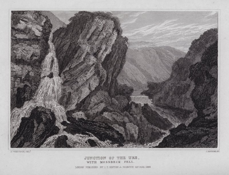 Junction of the Ure, med Mossbeck Fell (gravyr) av Nathaniel (after) Whittock