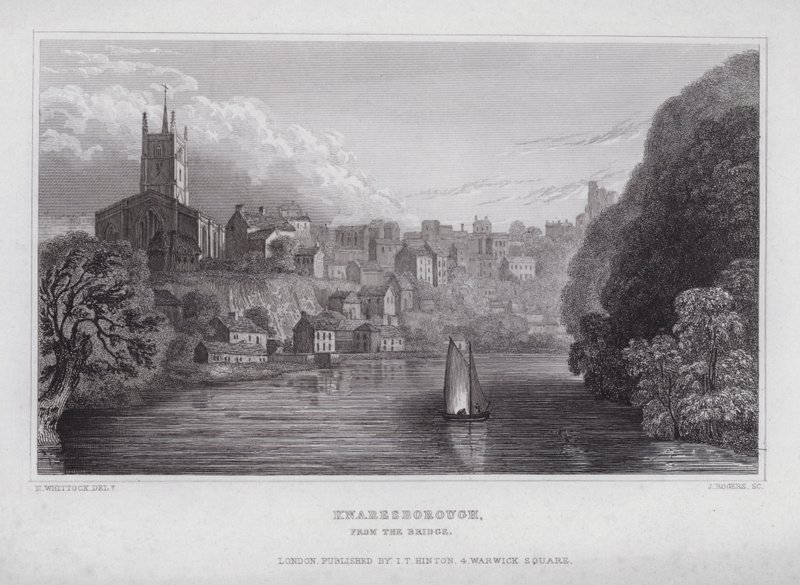 Knaresborough, från bron (gravyr) av Nathaniel (after) Whittock