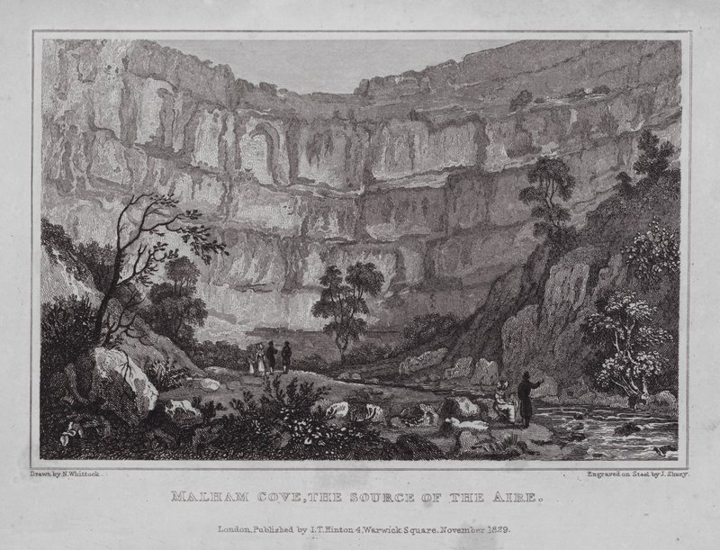 Malham Cove, källan till Aire (gravyr) av Nathaniel (after) Whittock