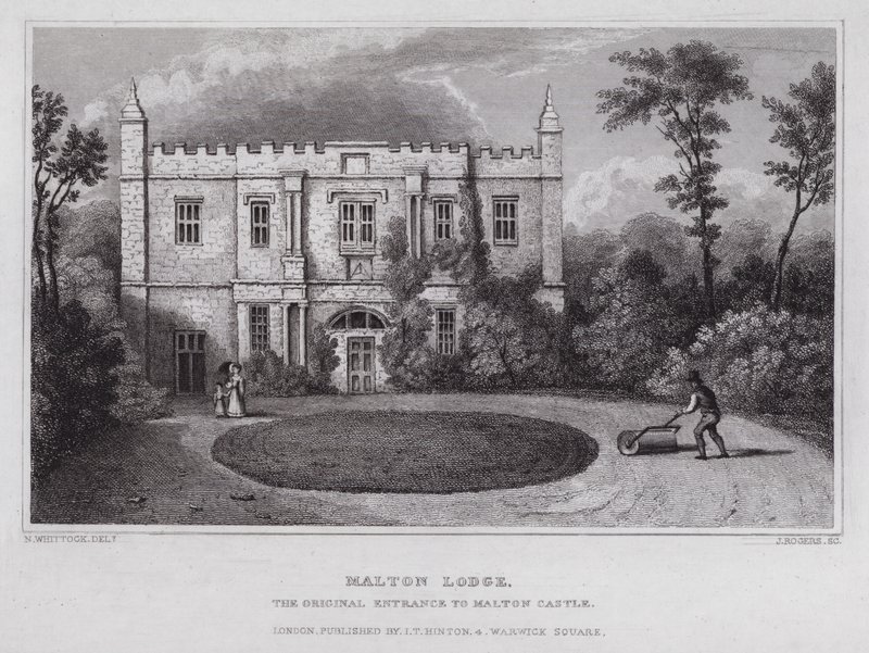 Malton Lodge, den ursprungliga ingången till Malton Castle (gravyr) av Nathaniel (after) Whittock