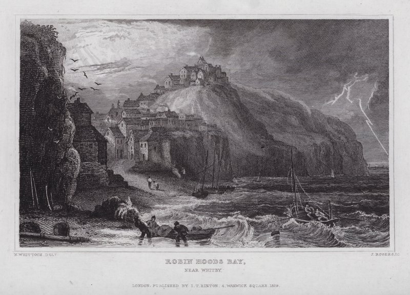 Robin Hoods Bay, nära Whitby (gravyr) av Nathaniel (after) Whittock