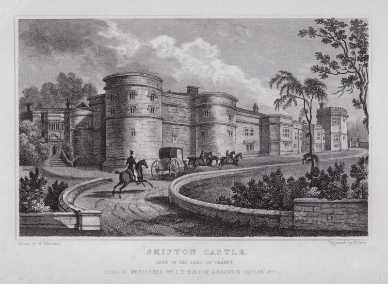 Skipton Castle, säte för Earl of Thanet (gravyr) av Nathaniel (after) Whittock