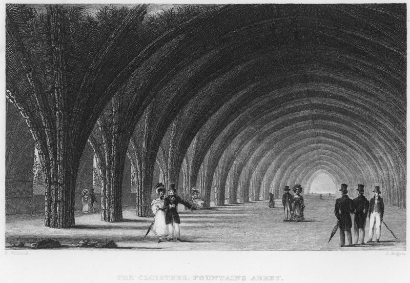 The Cloisters, Fountains Abbey (gravyr) av Nathaniel (after) Whittock
