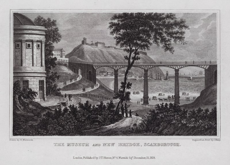 Museet och New Bridge, Scarborough (gravyr) av Nathaniel (after) Whittock