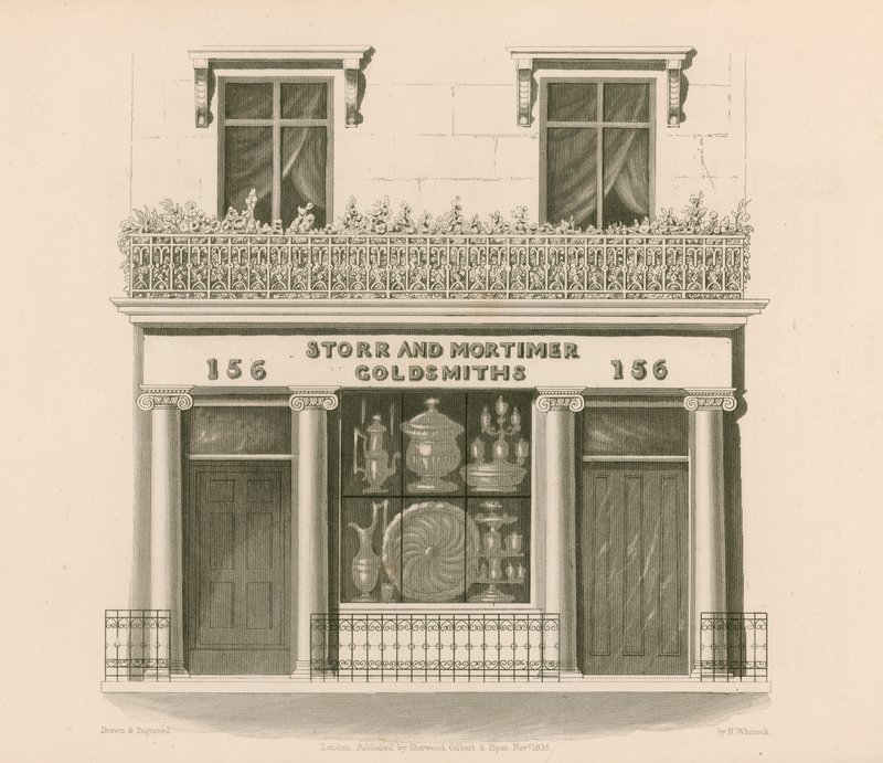 Butiksfasad i jonisk stil för Messrs Storr and Mortimer, guldsmeder och juvelerare, nr 156, Bond Street, London. av Nathaniel Whittock