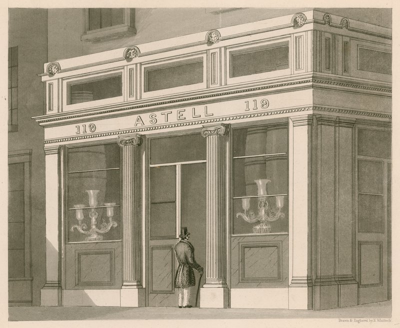 Butiksfront för Astell, Wine and Spirit Warehouse, Grafton Street, Tottenham Court Road av Nathaniel Whittock