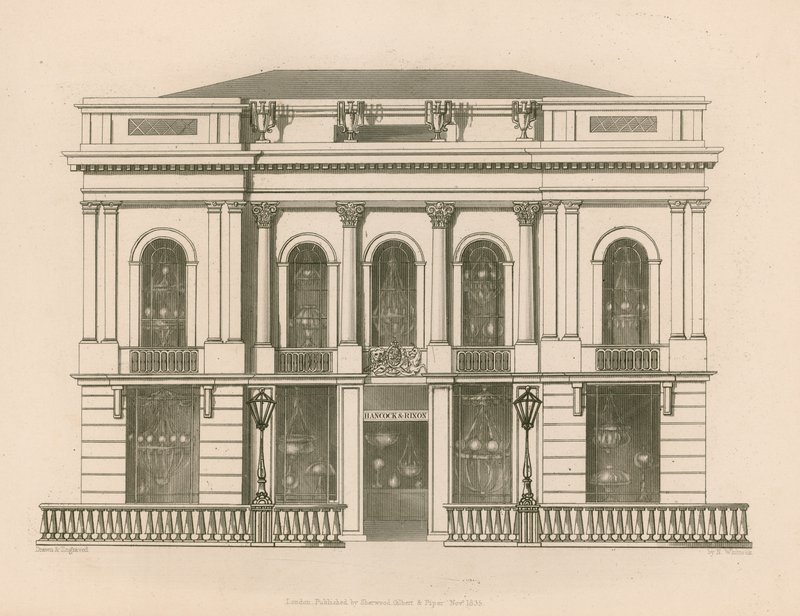 Butiksfront för Hancock och Dixon, Pall Mall East, London av Nathaniel Whittock