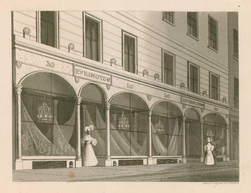 Butiksfasad för Messrs Everington, India shawl warehouse, 10 Ludgate Street, London. av Nathaniel Whittock