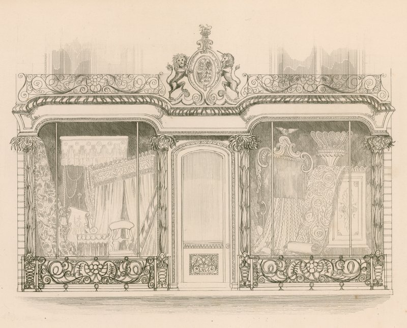 Butiksfront för Mrs Saunders och Woodley, Tapetserare, Regent Street, London av Nathaniel Whittock