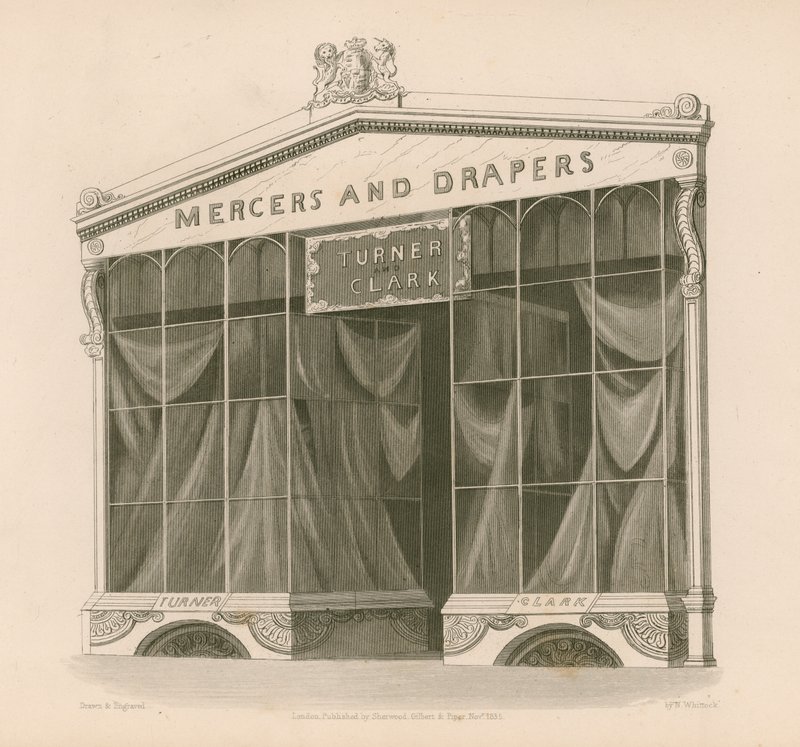 Butiksfront för Mrs Turner och Clark, Mercers and Drapers, Coventry Street, London av Nathaniel Whittock