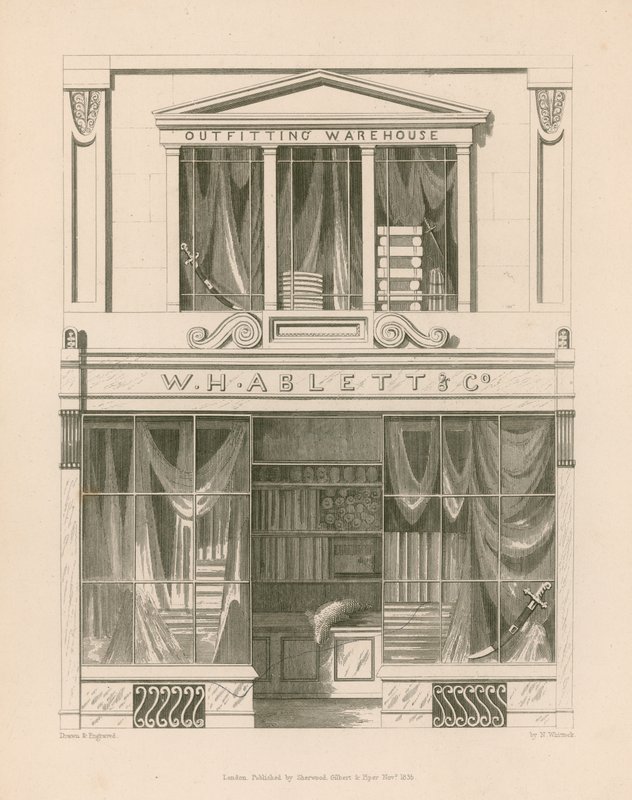 Butiksfront för W H Ablett, Outfitting Warehouse, Cornhill, London av Nathaniel Whittock