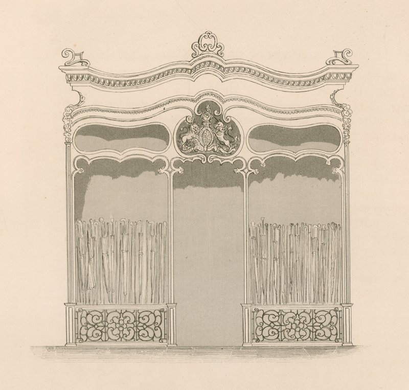 Butiksfasad i fransk Louis XIV-stil för Messrs Sangster, Umbrella and Stick Merchants, Regent Street, London. av Nathaniel Whittock