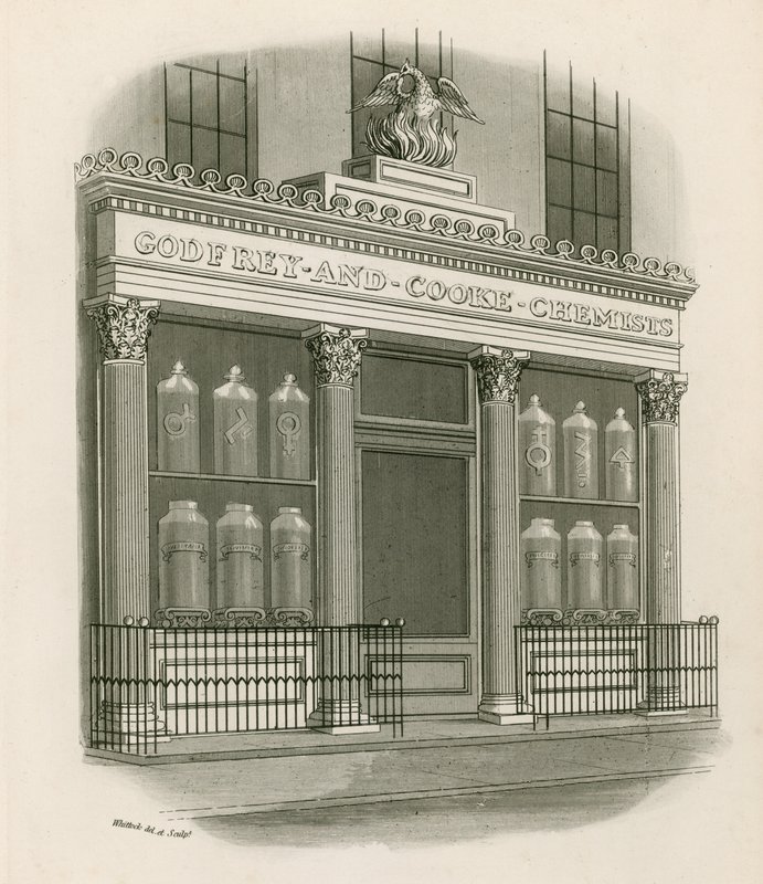 Shoppa framsidan av Godfrey och Cooke, Chemists, Conduit Street, London av Nathaniel Whittock