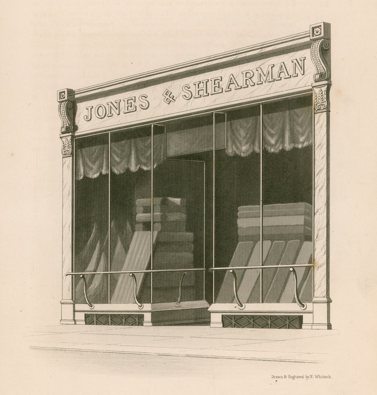 Shoppa framsidan av Mrs Jones and Shearman, Blackfriars Road, London av Nathaniel Whittock