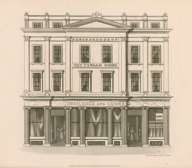 Shoppa framsidan av Shoolbred and Cooke, Drapers, Tottenham Court Road, London av Nathaniel Whittock