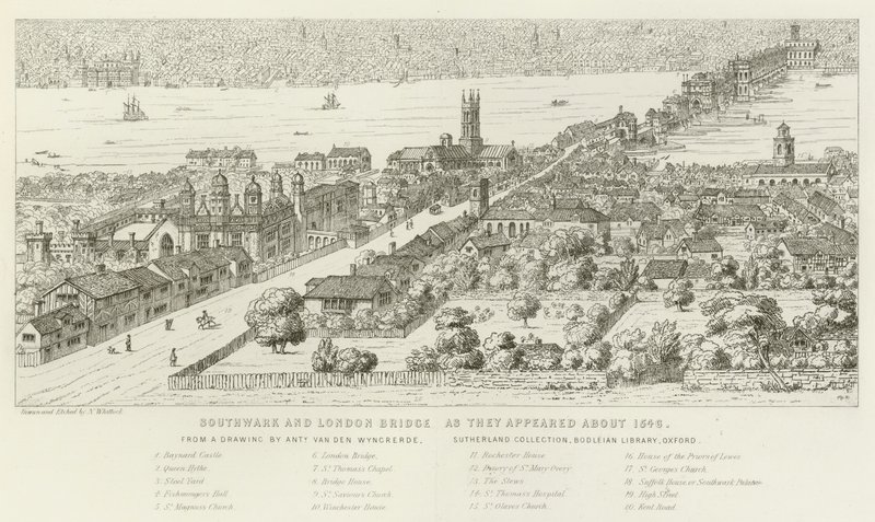 Southwark och London Bridge, som de dök upp omkring 1546 av Nathaniel Whittock