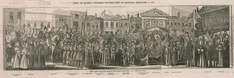 Överborgmästaren tar emot Hennes Majestät i Temple Bar av Nathaniel Whittock