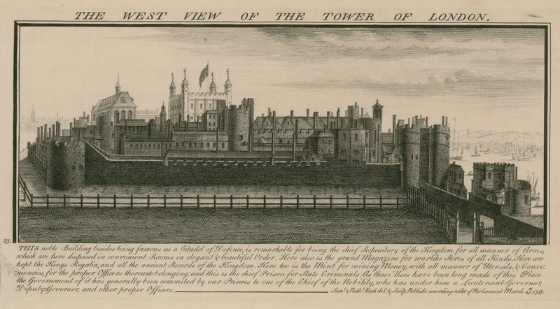 Den västra utsikten över Tower of London av Nathaniel and Samuel Buck