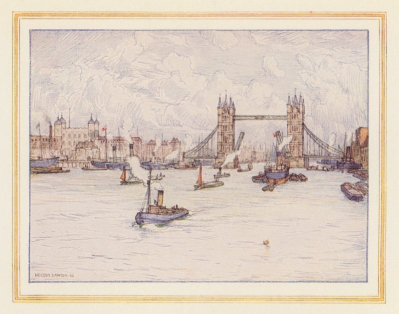Tornet och Tower Bridge (färglitografi) av Nelson Dawson