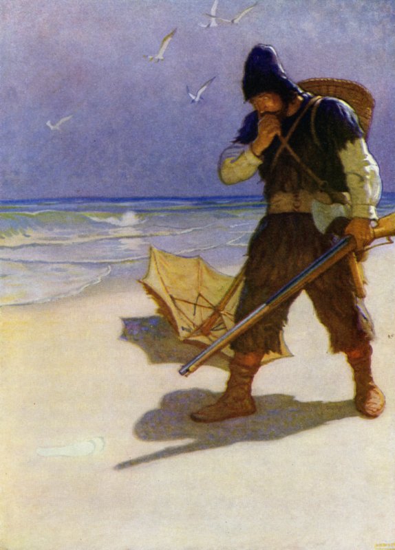 Illustration för Robinson Crusoe (färg litho) av Newell Convers (after) Wyeth