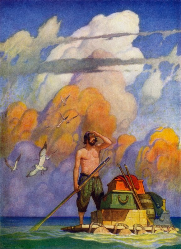 Illustration för Robinson Crusoe (färg litho) av Newell Convers (after) Wyeth