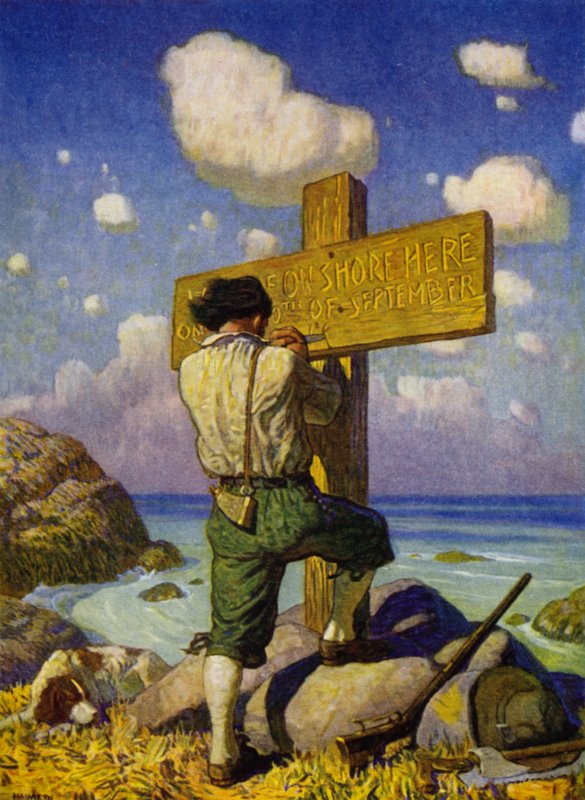 Illustration för Robinson Crusoe (färg litho) av Newell Convers (after) Wyeth
