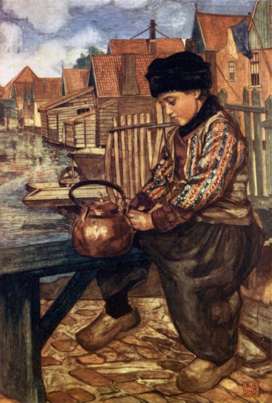 En pojke rengöringsvattenkokare (litho i färg) av Nico Jungman