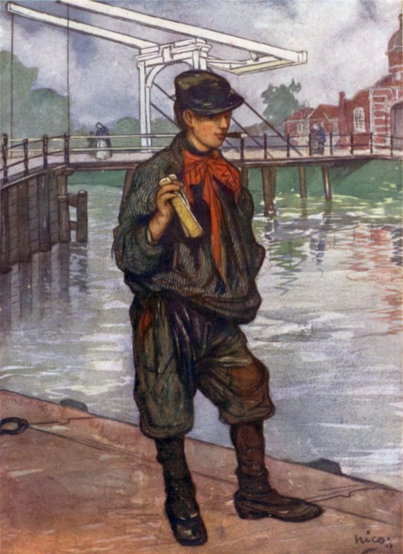 En Amsterdam Street Boy med klaffar (litho i färg) av Nico Jungman