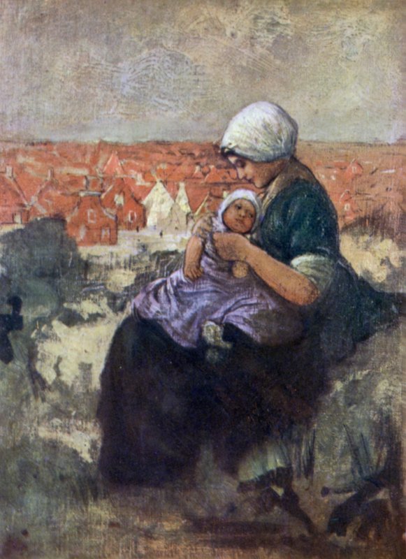 Mor och barn av Scheveningen (färg litho) av Nico Jungman