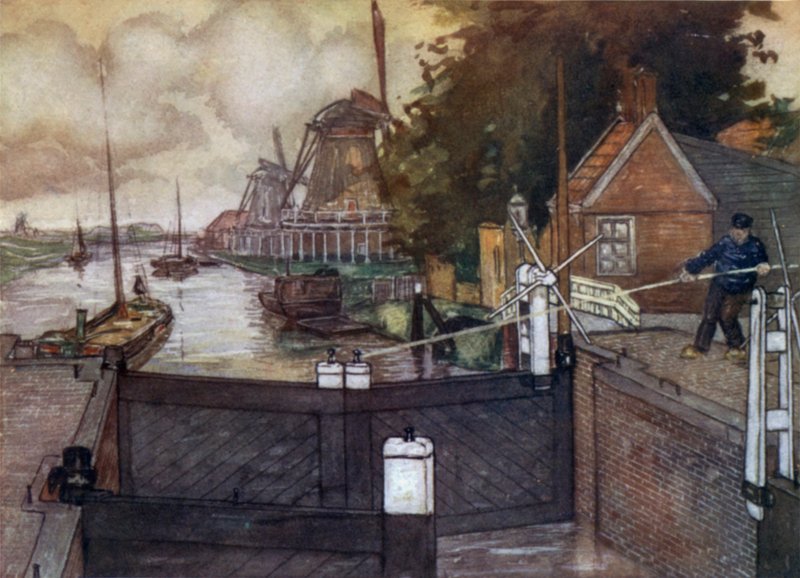 Noordervaldeursluis, Zaandam (färg litho) av Nico Jungman
