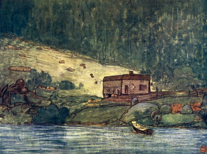 Norge: En liten gård vid floden vid Gjora (färg litho) av Nico Jungman
