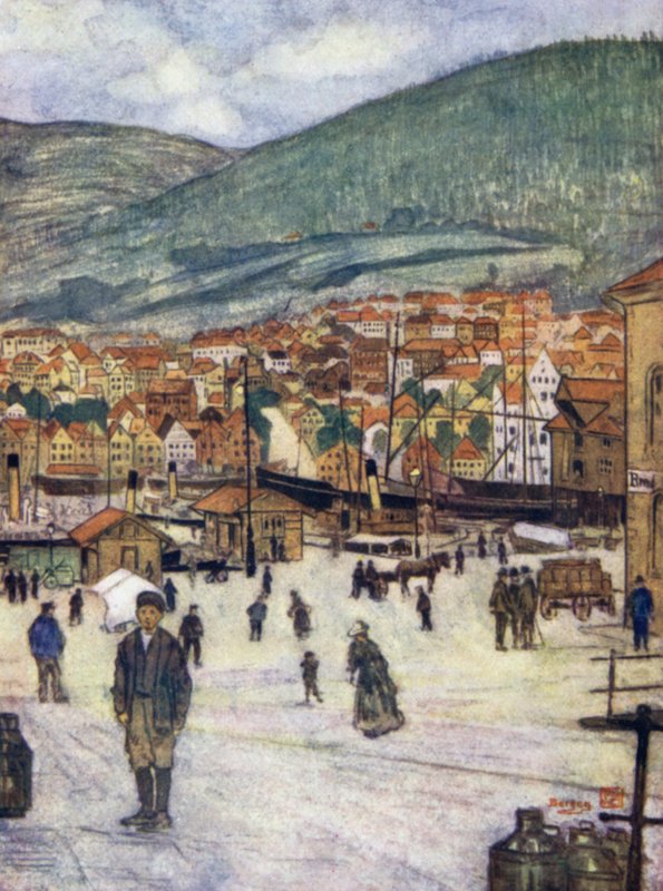 Norge: Bergen (färg litho) av Nico Jungman