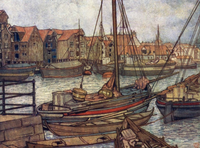 Norge: Bergens båtar och lager (färg litho) av Nico Jungman