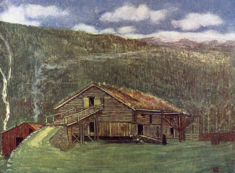 Norge: Bondgård och kvarn vid Gjora (färg litho) av Nico Jungman