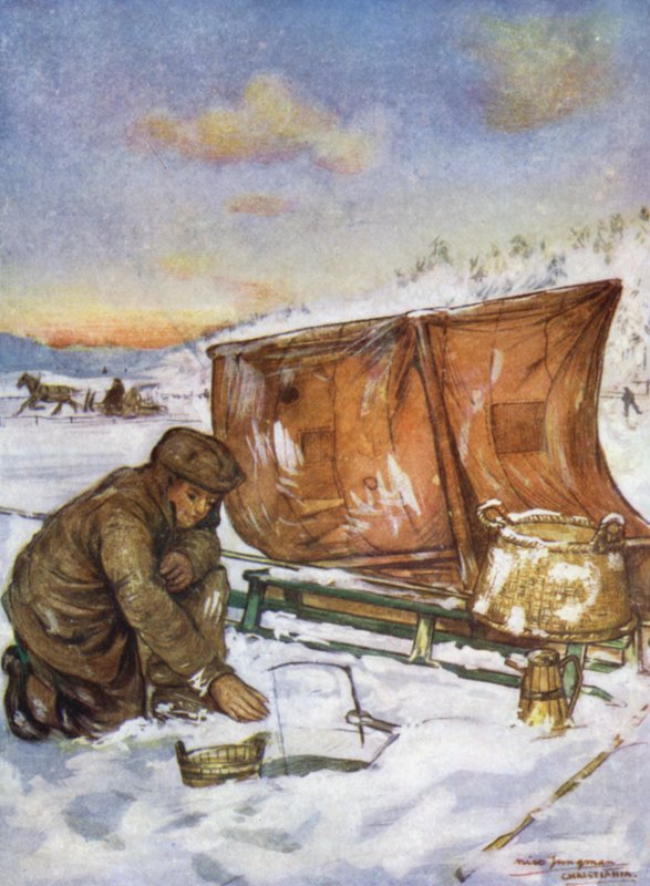 Norge: Fiske genom isen på Christiania Fjord (färg litho) av Nico Jungman