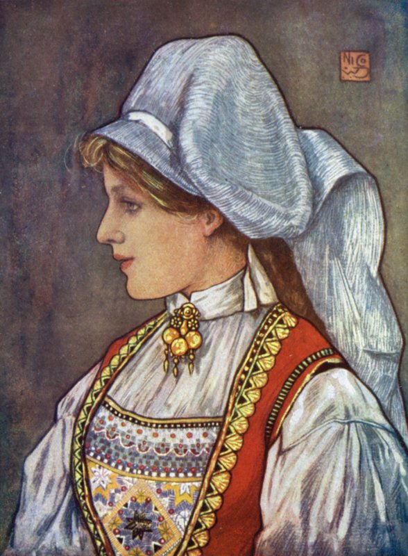 Norge: Hardanger Huvudbonad (färg litho) av Nico Jungman