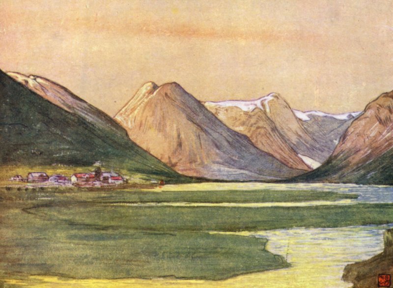 Norge: Mundal, Fjaerland, Sognefjord (färg litho) av Nico Jungman