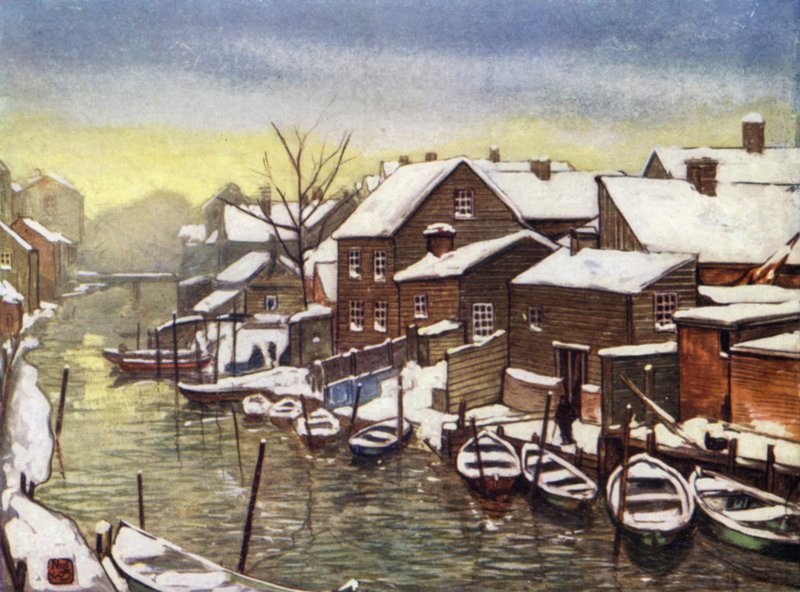 Norge: Gamla kanalen, Christiania (färg litho) av Nico Jungman