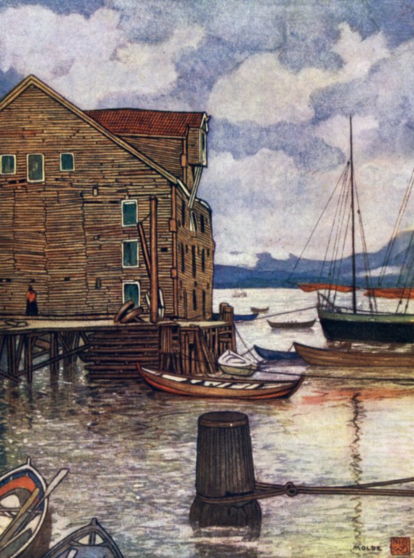 Norge: Old Warehouse and Boats, Molde (färg litho) av Nico Jungman