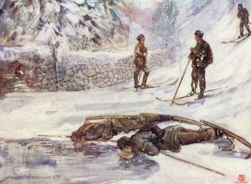 Norge: Skidåkare som dricker gåsvin (färg litho) av Nico Jungman