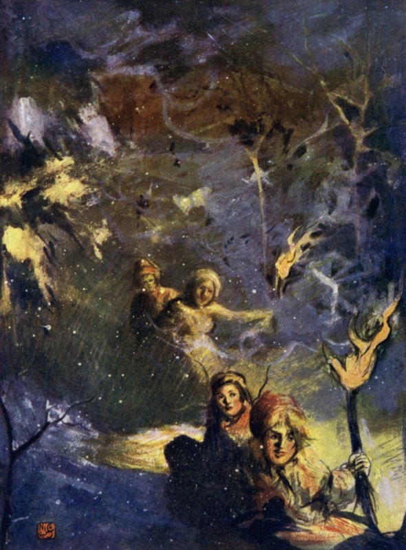 Norge: Sledging by Torchlight (färg litho) av Nico Jungman