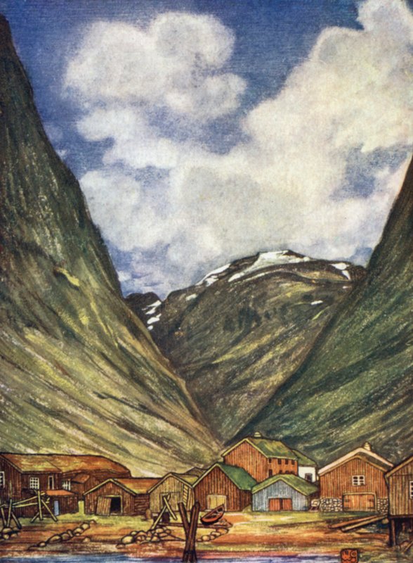 Norge: Snötäckta berg vid Sundalsoren (färg litho) av Nico Jungman