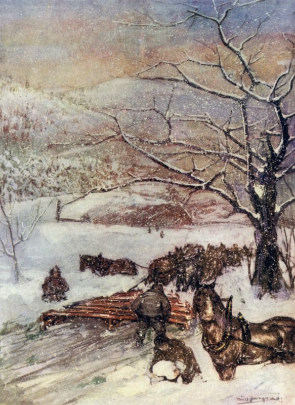 Norge: Snöplog tecknad av åtta eller tio hästar (lito i färg) av Nico Jungman