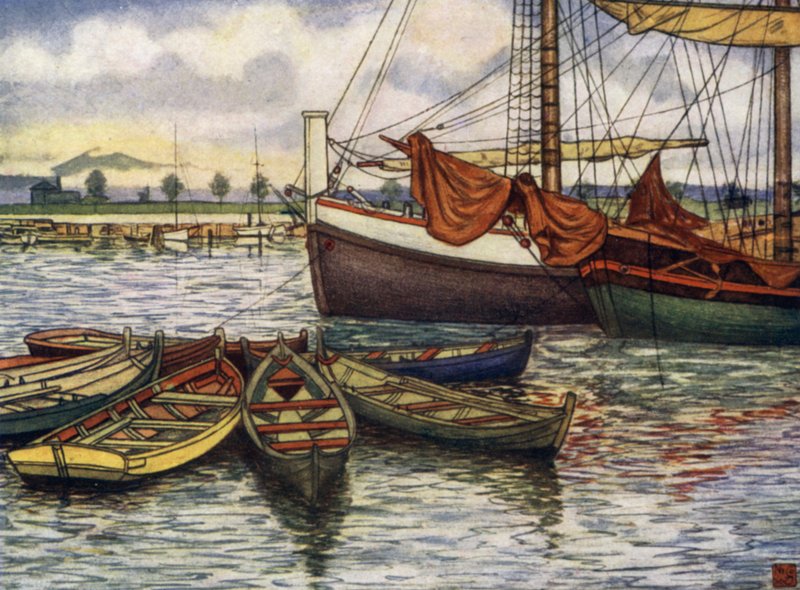 Norge: Trondhjem, Gamla båtar (färg litho) av Nico Jungman