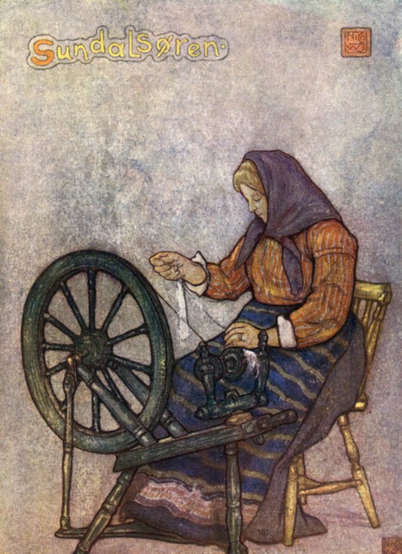Norge: Woman Spinning, Sundalsoren (färg litho) av Nico Jungman