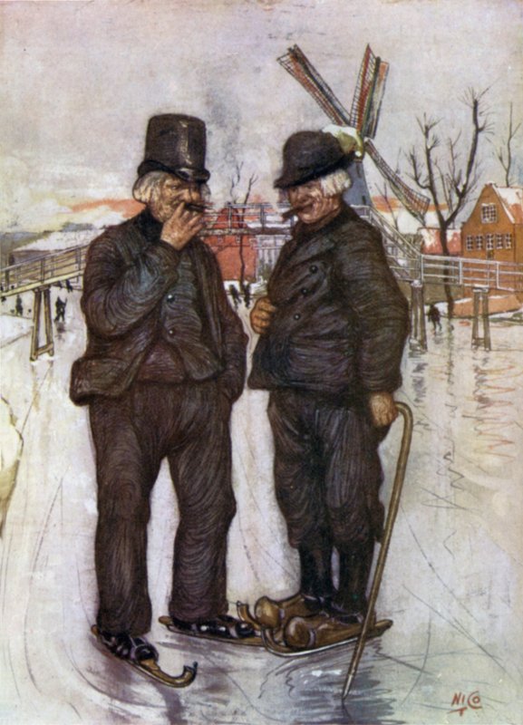 Gamla holländare på skridskor (färg litho) av Nico Jungman